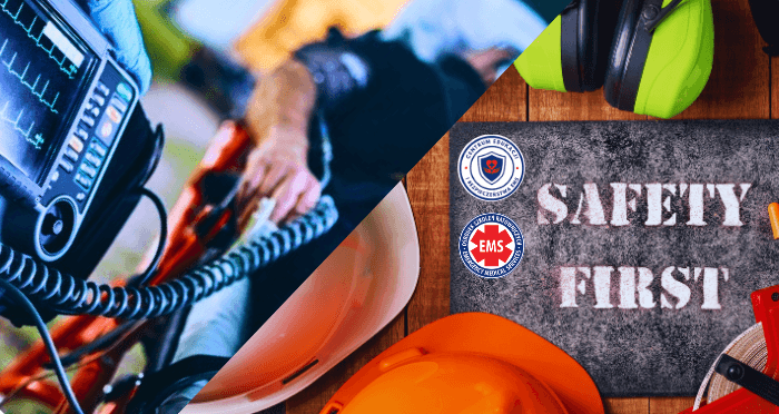 Grafika bezpieczeństwa z radiotelefonem, kaskami ochronnymi i napisem Safety First