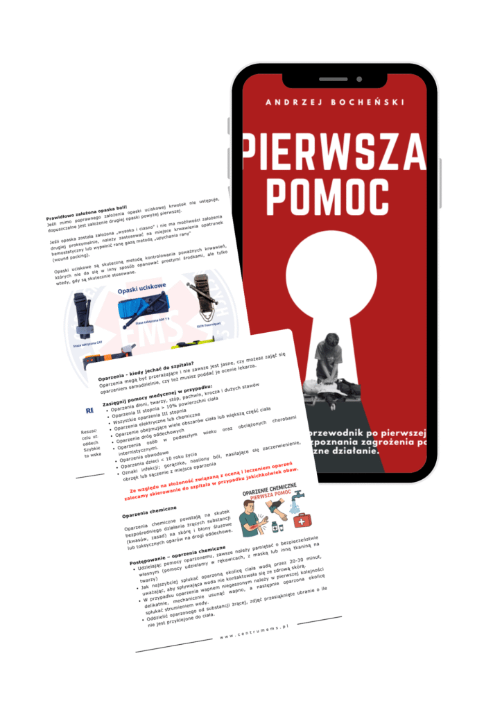 Okładka e-booka „Pierwsza Pomoc” Andrzeja Bocheńskiego na ekranie telefonu oraz przykładowe strony poradnika z treściami o opatrunkach i oparzeniach