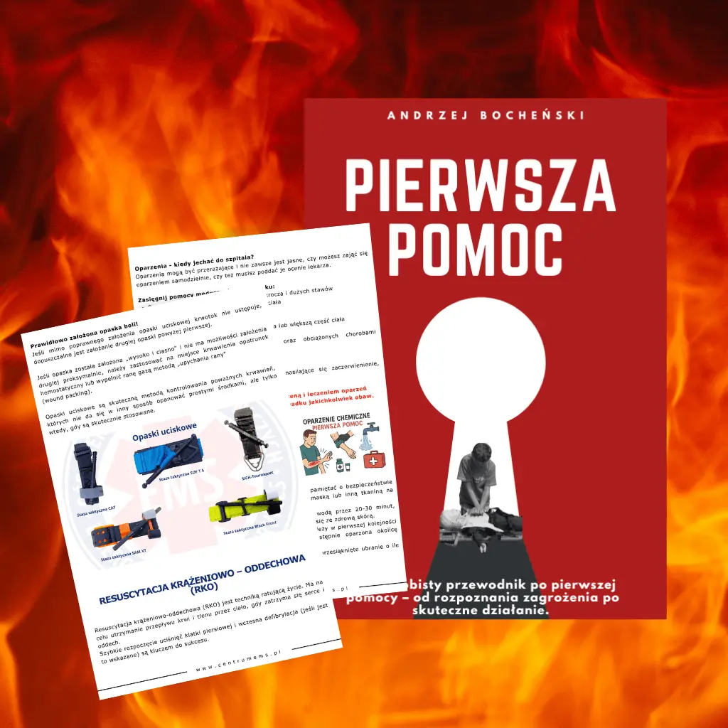 Okładka e-booka Pierwsza Pomoc oraz przykładowe strony poradnika na tle ognia