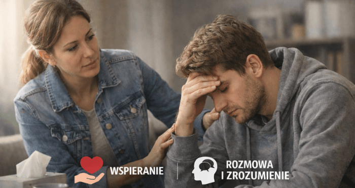 Kobieta wspiera mężczyznę w kryzysie, z ikonami wsparcia i rozmowy
