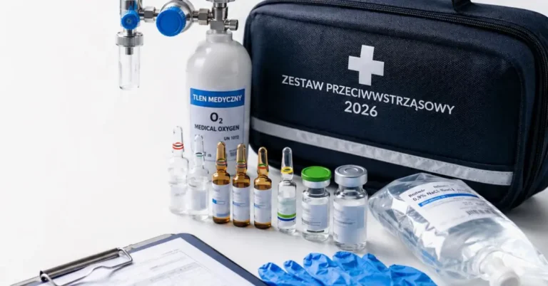 Torba medyczna z napisem „ZESTAW PRZECIWWSTRZĄSOWY 2026”, obok butla z tlenem medycznym, ampułki z lekami, fiolki, płyn infuzyjny NaCl oraz niebieskie rękawiczki jednorazowe.