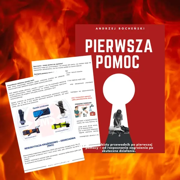 Okładka e-booka Pierwsza Pomoc oraz przykładowe strony poradnika na tle ognia